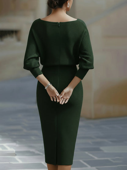 Karen | Women’s Draped Neck Midi Dress with Batwing Sleeves