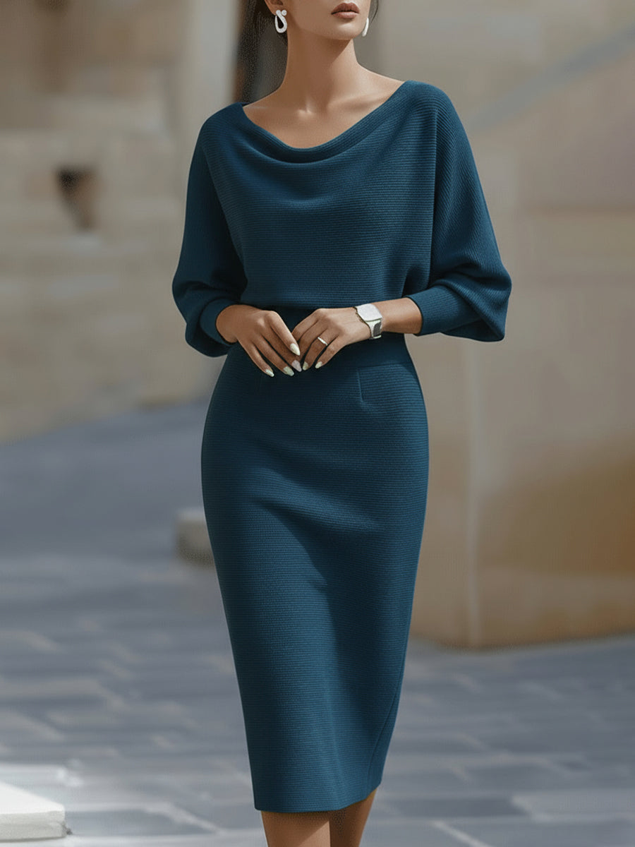 Karen | Women’s Draped Neck Midi Dress with Batwing Sleeves
