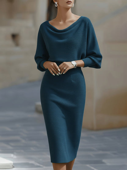 Karen | Women’s Draped Neck Midi Dress with Batwing Sleeves