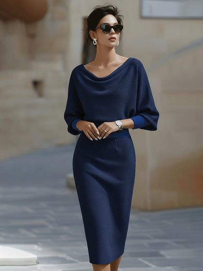 Karen | Women’s Draped Neck Midi Dress with Batwing Sleeves