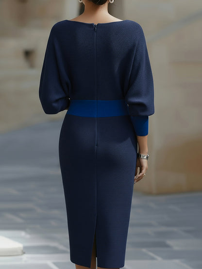 Karen | Women’s Draped Neck Midi Dress with Batwing Sleeves