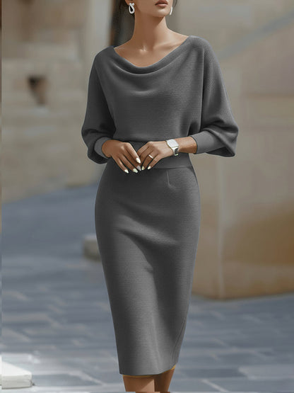 Karen | Women’s Draped Neck Midi Dress with Batwing Sleeves