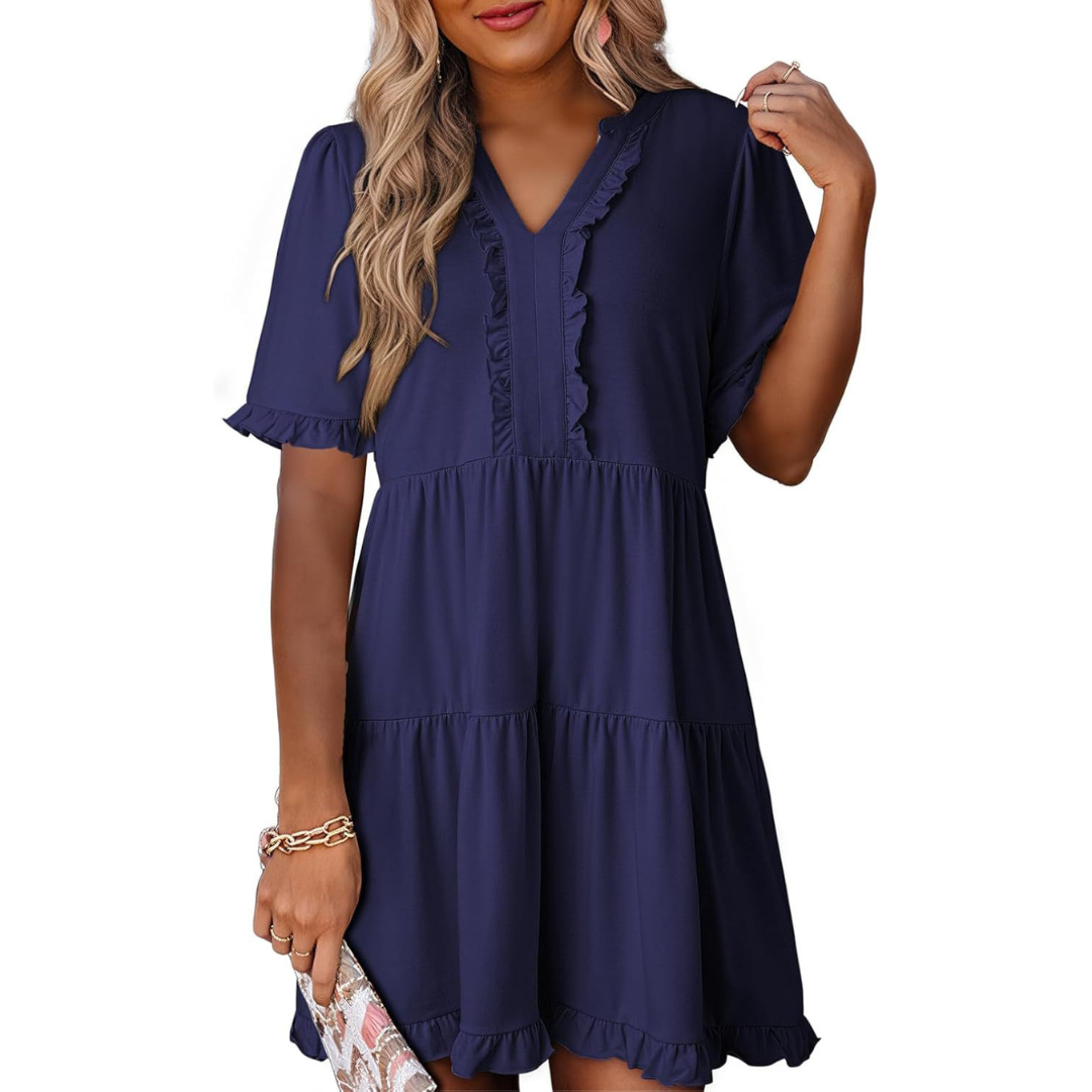Calienne | Women’s Ruffle Trim Tiered Mini Dress