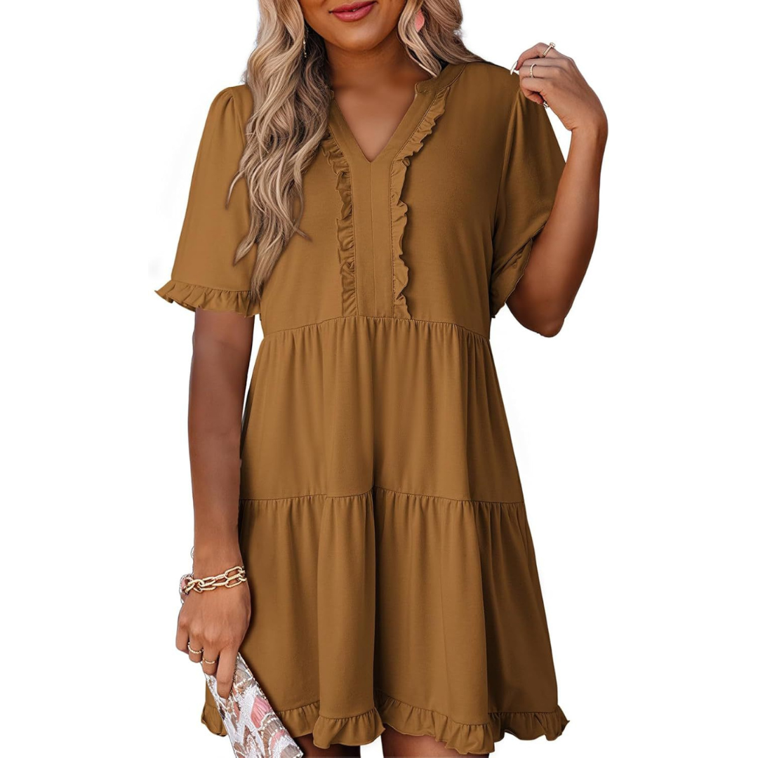 Calienne | Women’s Ruffle Trim Tiered Mini Dress