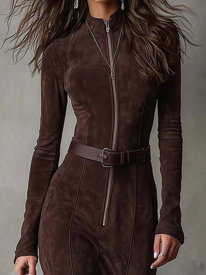 Western Style Maxi Dress – Long Sleeve Zip Front Dress for Women