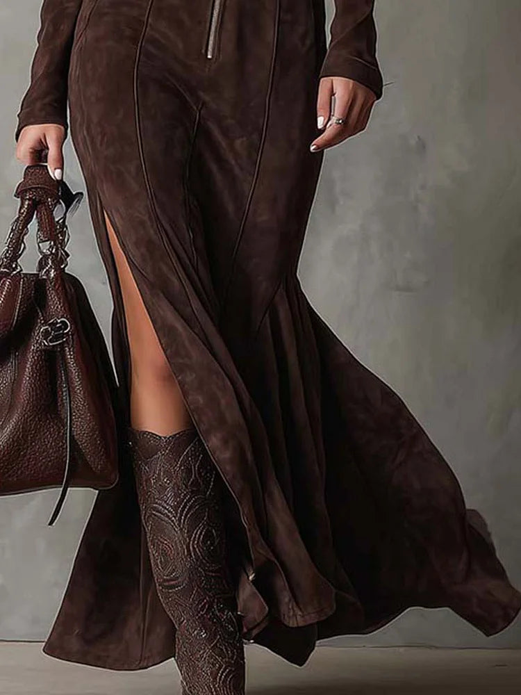 Western Style Maxi Dress – Long Sleeve Zip Front Dress for Women