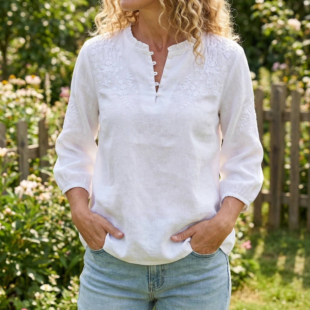 Avelyne | Embroidered Split Neck Blouse