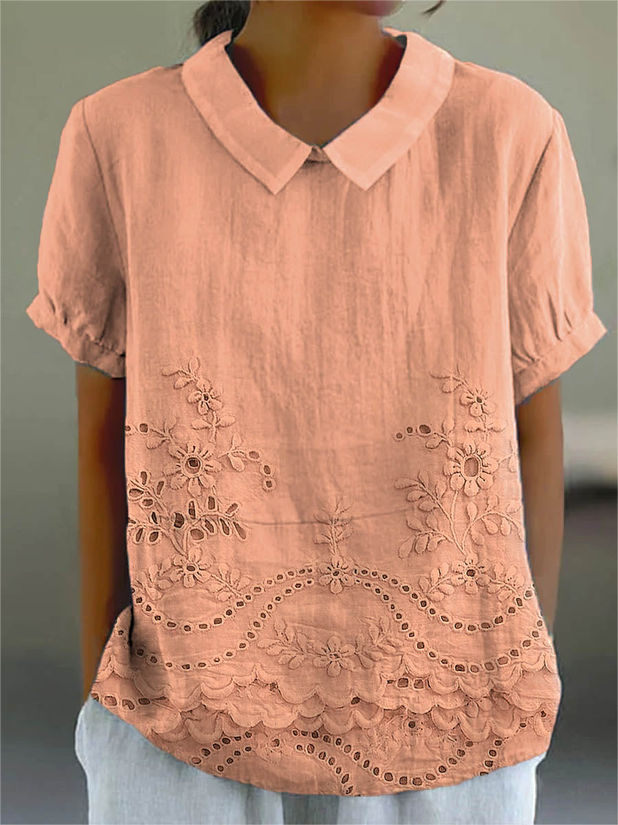 Women’s Embroidered Blouse – Short Sleeve Collared Top
