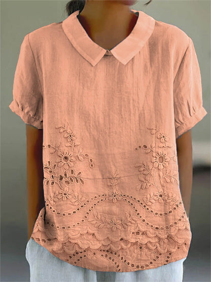 Women’s Embroidered Blouse – Short Sleeve Collared Top