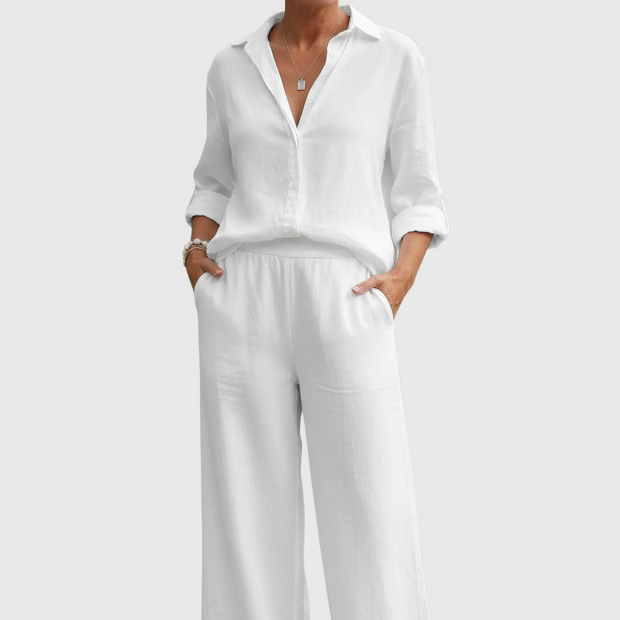 Women 2 Piece Summer Set – Relaxed Shirt and Wide Leg Pants