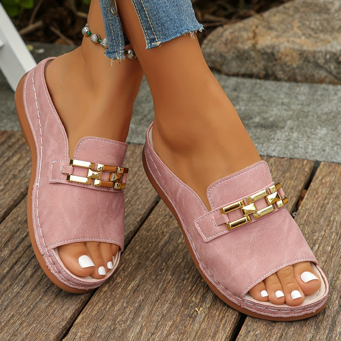 Women’s Orthopedic Slide Sandals with Chain Detail
