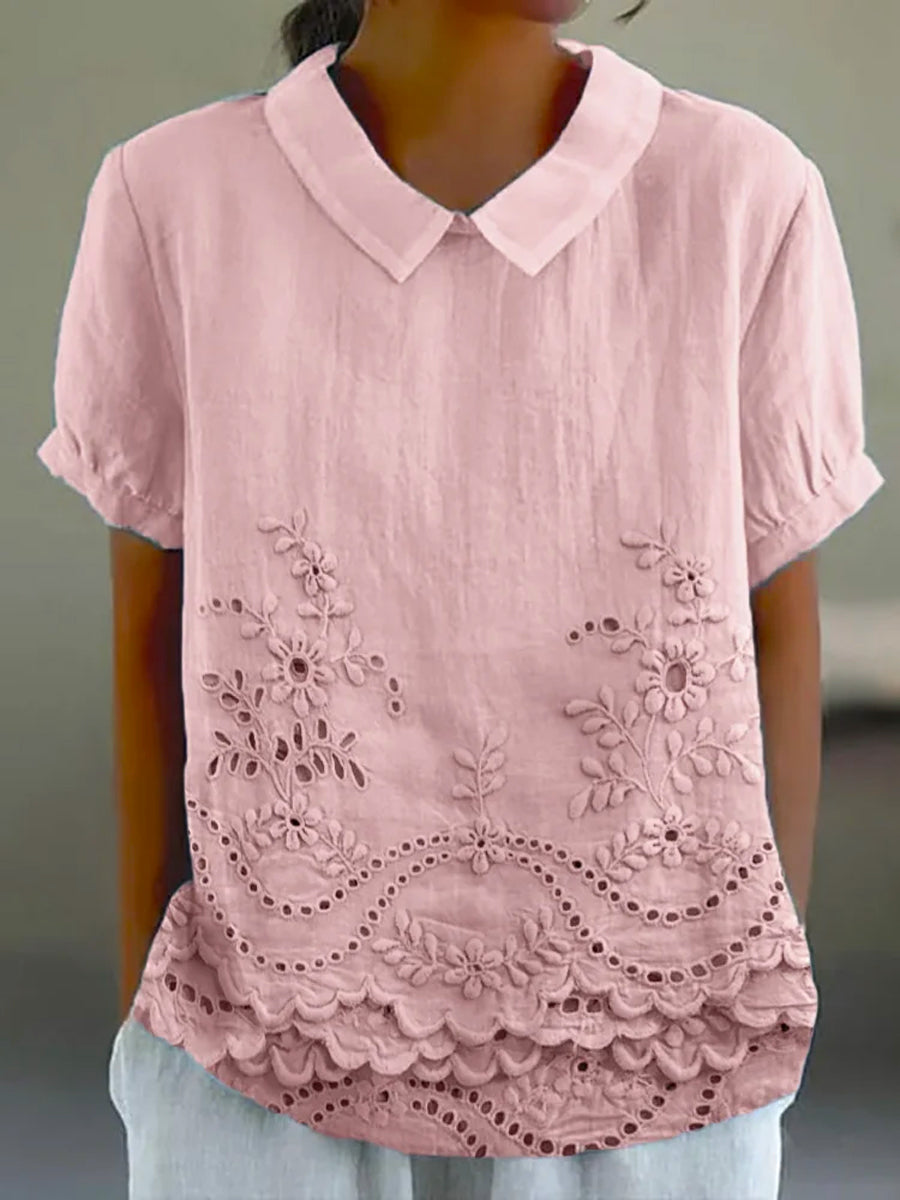 Women’s Embroidered Blouse – Short Sleeve Collared Top