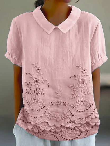 Women’s Embroidered Blouse – Short Sleeve Collared Top