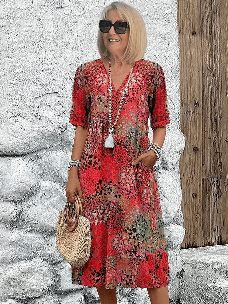 Printed V-Neck Midi Dress