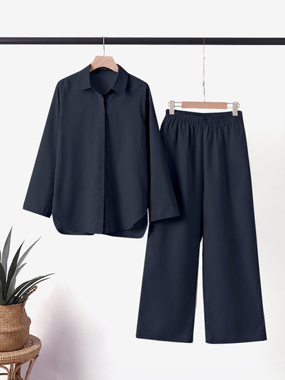Women 2 Piece Summer Set – Relaxed Shirt and Wide Leg Pants