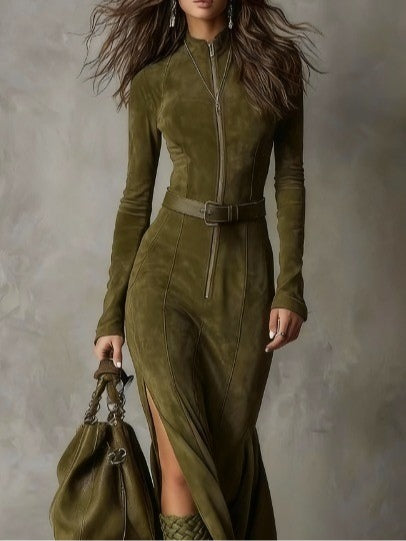 Western Style Maxi Dress – Long Sleeve Zip Front Dress for Women