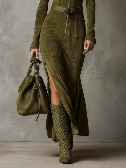 Western Style Maxi Dress – Long Sleeve Zip Front Dress for Women