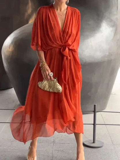 Women’s V-Neck Tie Waist Maxi Dress