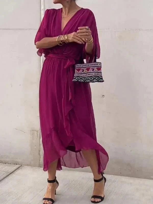 Women’s V-Neck Tie Waist Maxi Dress
