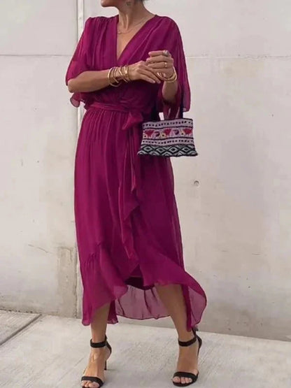 Women’s V-Neck Tie Waist Maxi Dress