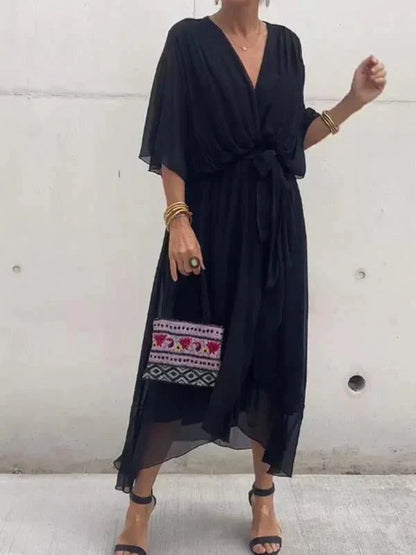 Women’s V-Neck Tie Waist Maxi Dress