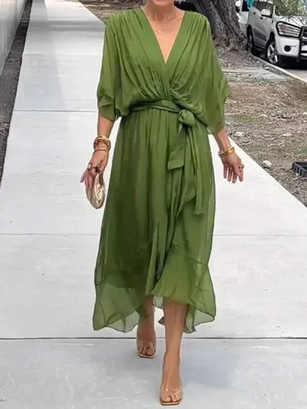 Women’s V-Neck Tie Waist Maxi Dress