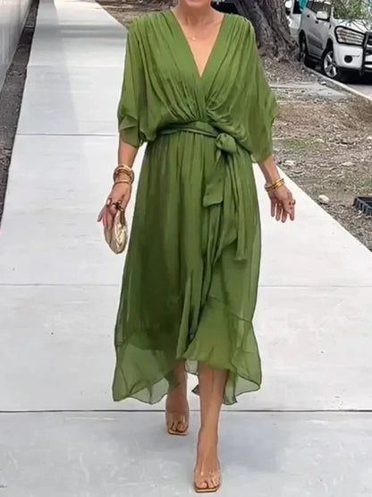 Women’s V-Neck Tie Waist Maxi Dress