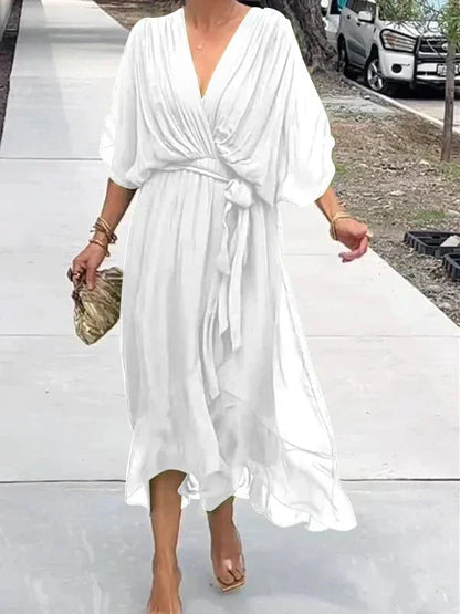 Women’s V-Neck Tie Waist Maxi Dress