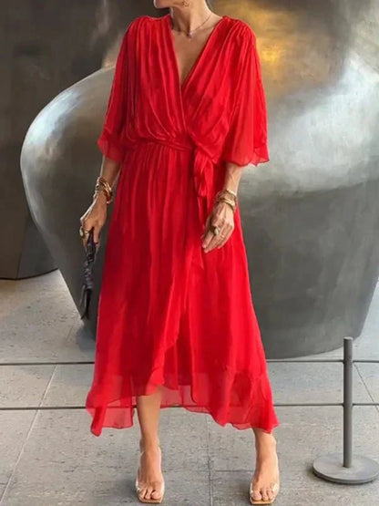 Women’s V-Neck Tie Waist Maxi Dress