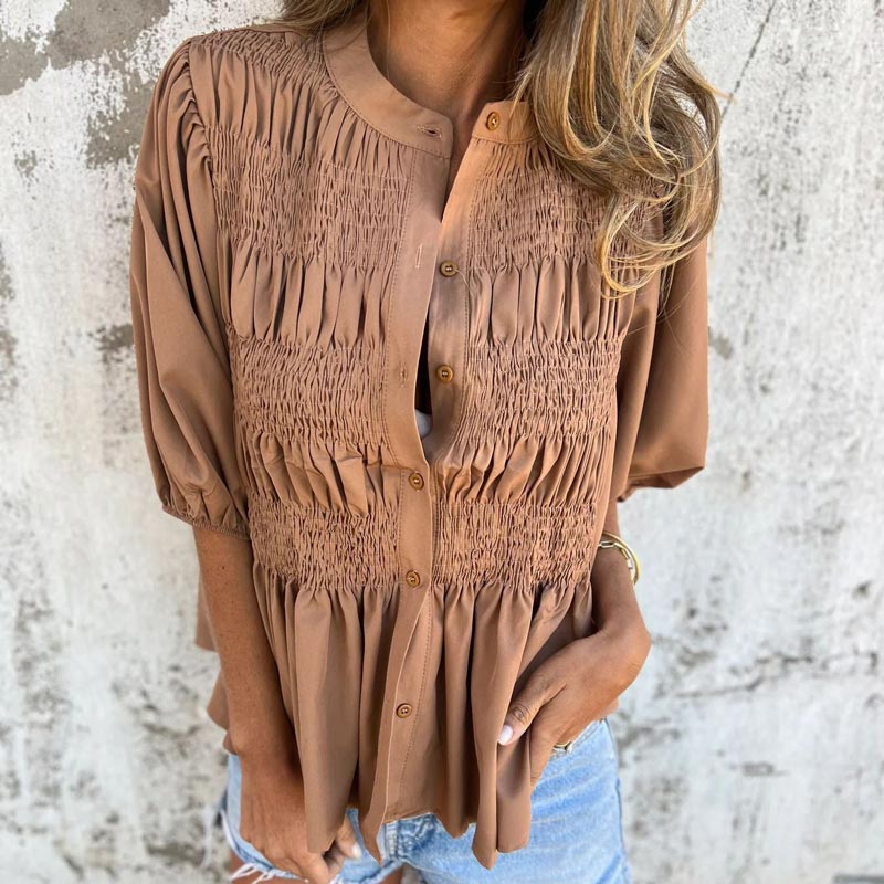 Elowira | Women’s Smocked Button Front Peplum Blouse