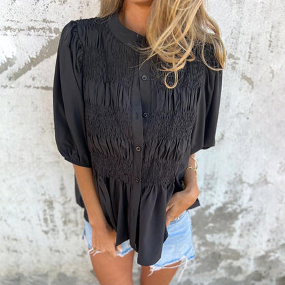 Elowira | Women’s Smocked Button Front Peplum Blouse