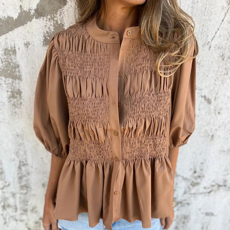 Elowira | Women’s Smocked Button Front Peplum Blouse