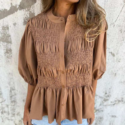 Elowira | Women’s Smocked Button Front Peplum Blouse